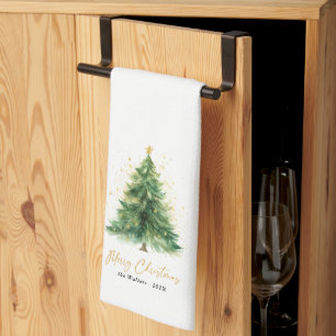 Modern Watercolor Christmas Pine Tree Tea Towel