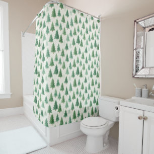 Modern Watercolor Christmas Pine Trees Seamless Shower Curtain