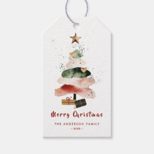 Modern Watercolor Christmas Tree Family Holiday Gift Tags