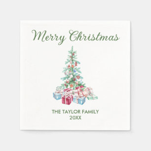Modern Watercolor Christmas Tree & Gifts Party Napkin