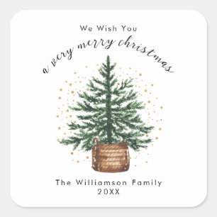 Modern Watercolor Christmas Tree Minimal Simple Square Sticker