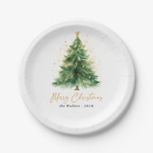 Modern Watercolor Christmas Tree Non Photo Paper Plate