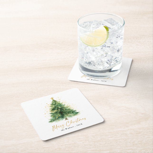 Modern Watercolor Christmas Tree Non Photo Square Paper Coaster (Insitu)