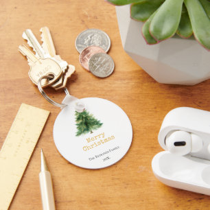 Modern Watercolor Christmas Tree Pape Key Ring