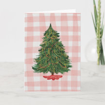 Modern Watercolor Christmas Tree Pink Gingham Card