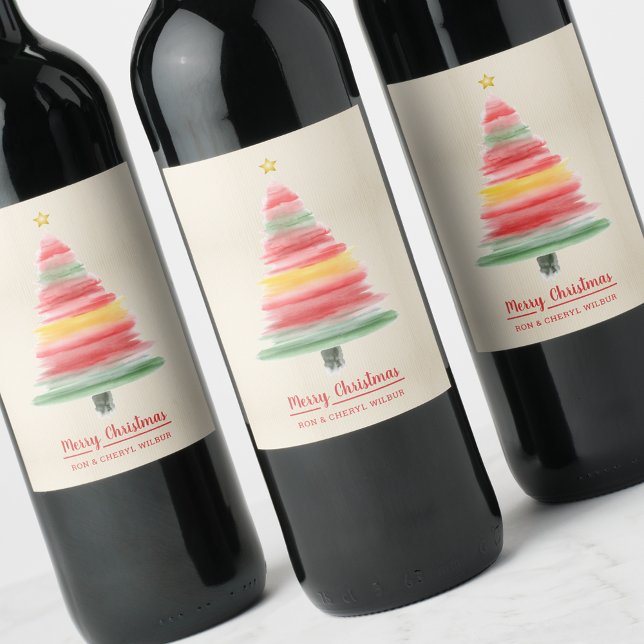 Modern Watercolor Christmas Tree Wine Label (Creator Uploaded)