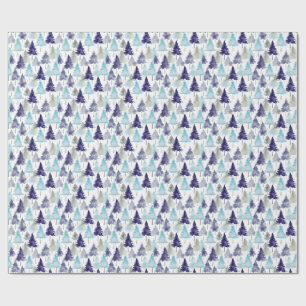 Modern Watercolor Christmas Trees Patterned Blue Wrapping Paper