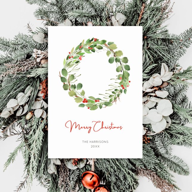 Modern Watercolor Christmas Wreath Holiday Card (Creator Uploaded)