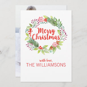 Modern Watercolor Christmas Wreath Photo Holiday Card