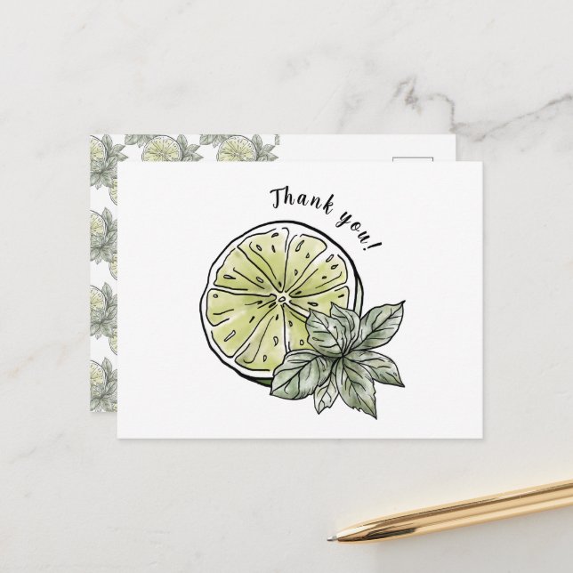 Modern Watercolor Citrus Lime Fruit Thank you Postcard (Front/Back In Situ)