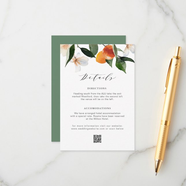 modern watercolor citrus oranges wedding details  enclosure card (Front/Back In Situ)