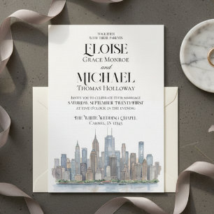 Modern Watercolor City Skyline Destination Wedding Invitation