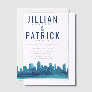 Modern Watercolor City Skyline Wedding Vellum Invitations