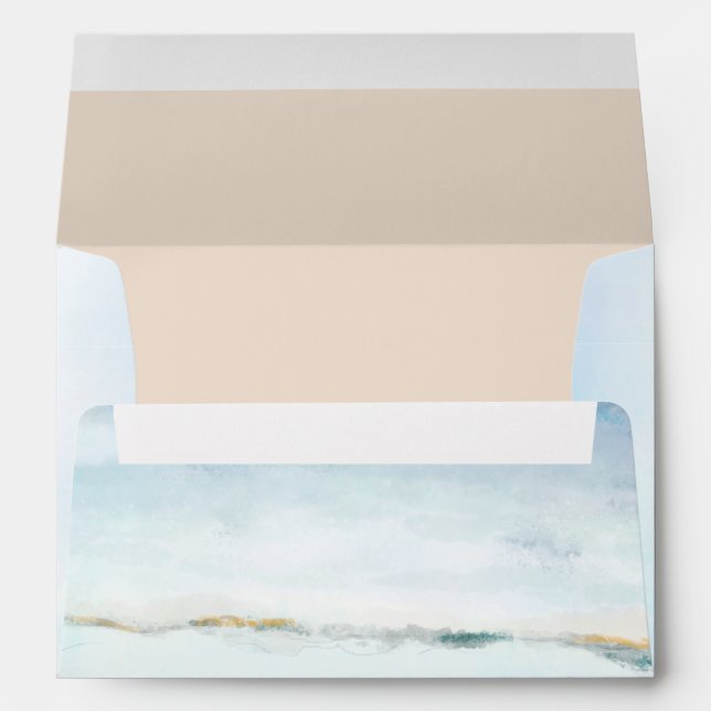 Modern Watercolor Coastal Beach Waves Wedding Envelope (Back (Bottom))