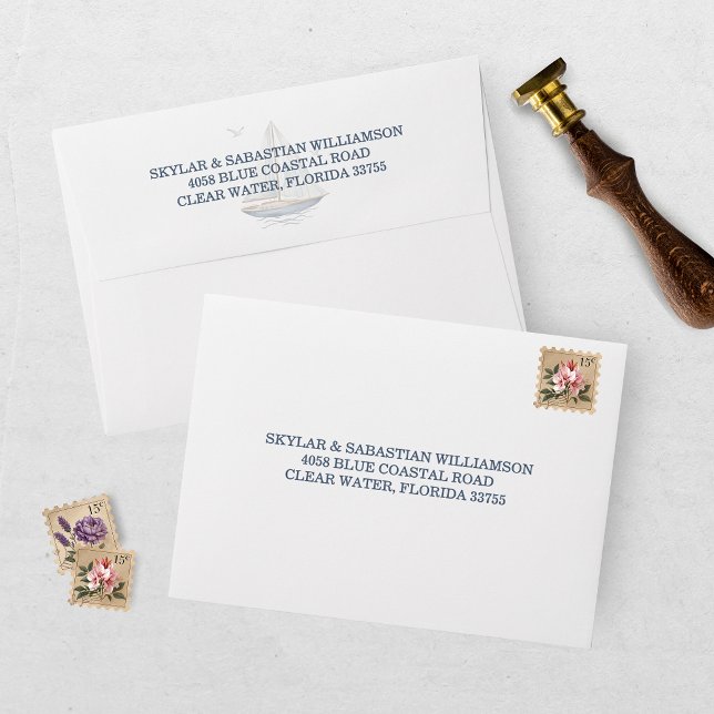 Modern Watercolor Coastal Seascape Wedding Envelope (Creator Uploaded)