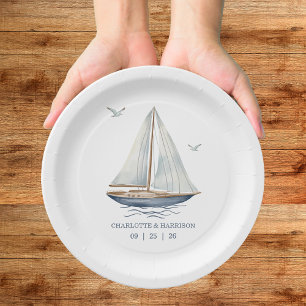 Modern Watercolor Coastal Seascape Wedding Paper Plate