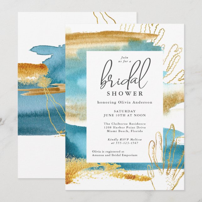 Modern Watercolor Coastal Theme Bridal Shower Invitation (Front/Back)