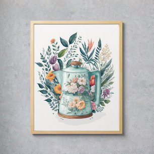Modern Watercolor Coffee Botanical Floral Kitchen Poster