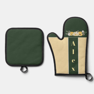 Modern Watercolor colourful Flowers & personalise Oven Mitt & Pot Holder Set