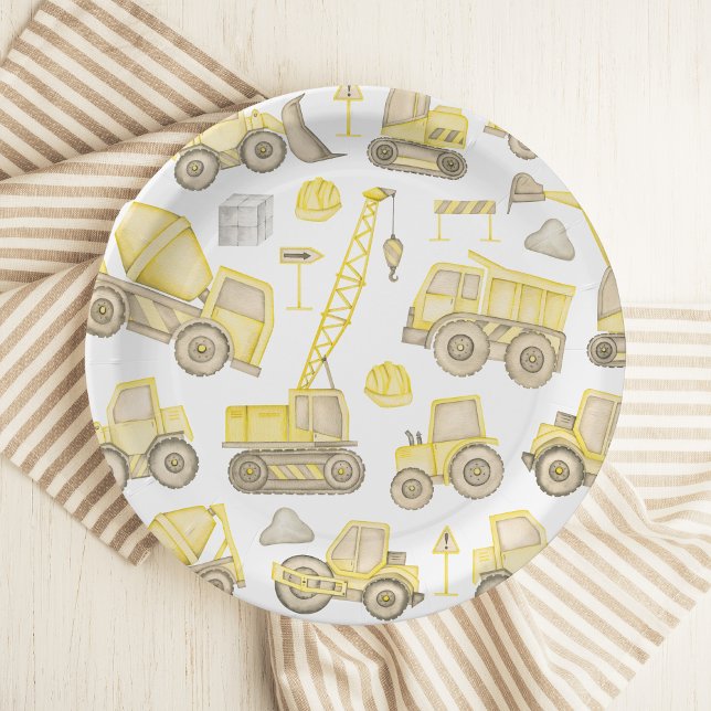 Modern Watercolor Construction Vehicle Birthday Paper Plate (Creator Uploaded)