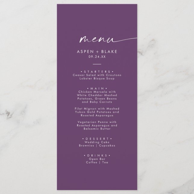 Modern Watercolor Coordinate | Purple Wedding Menu (Front)