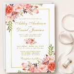 Modern Watercolor Coral Floral Gold Wedding W Invitation<br><div class="desc">Modern Watercolor Coral Floral and Gold Wedding Invitation - White Back</div>