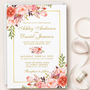 Modern Watercolor Coral Floral Gold Wedding W Invitation