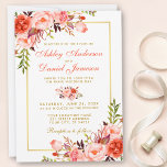 Modern Watercolor Coral Floral Wedding Gold W Invitation<br><div class="desc">Modern Watercolor Coral Floral and Gold Wedding Invitation - White Back</div>