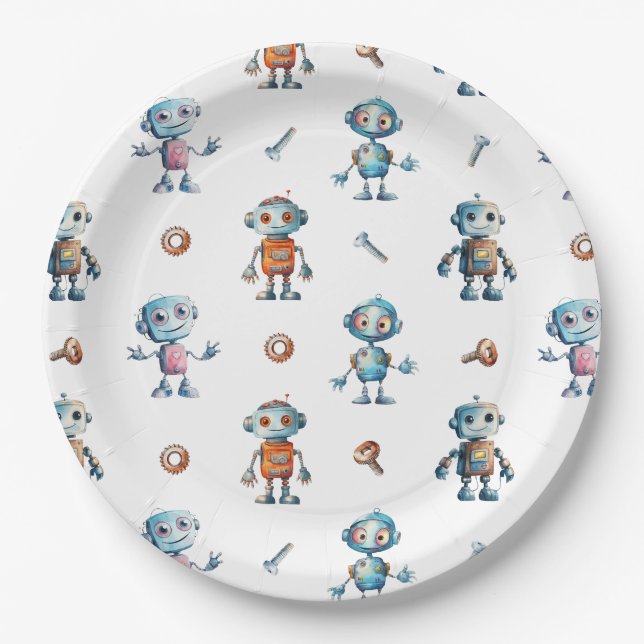 Modern Watercolor Cute Robot Kids Paper Plate (Front)