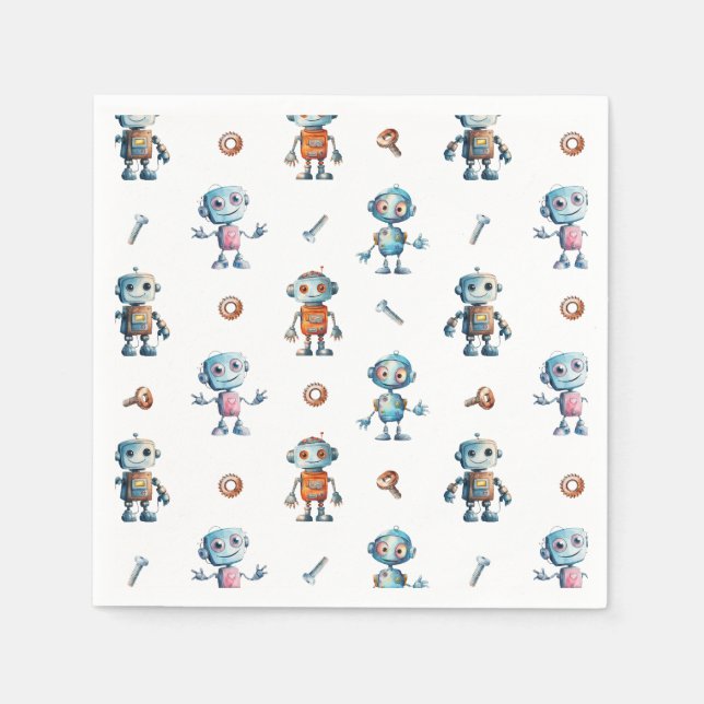 Modern Watercolor Cute Robot Kids Pattern Napkin (Front)