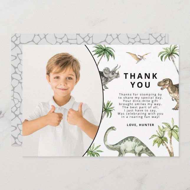 Modern Watercolor Dinosaur Birthday Thank You Card (Front/Back)