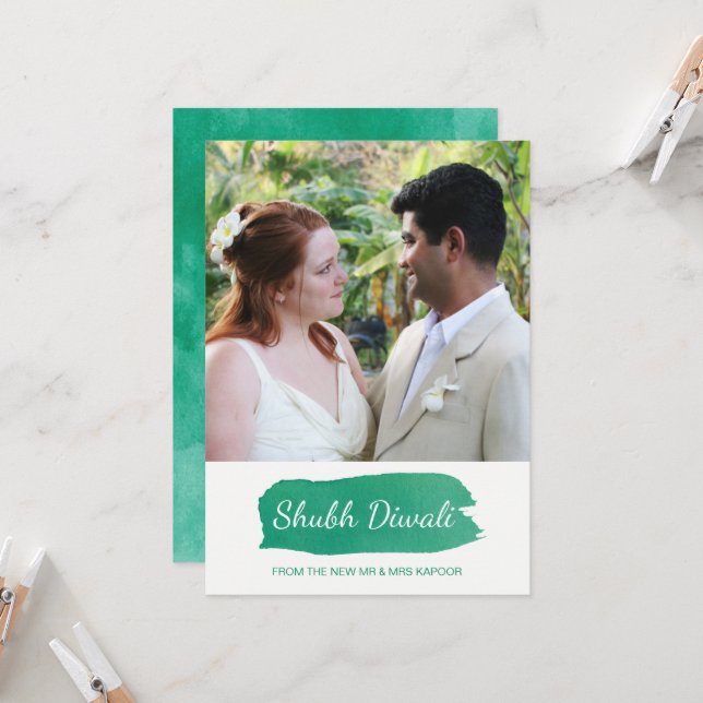 Modern Watercolor Diwali Photo Greeting Card (Front/Back In Situ)