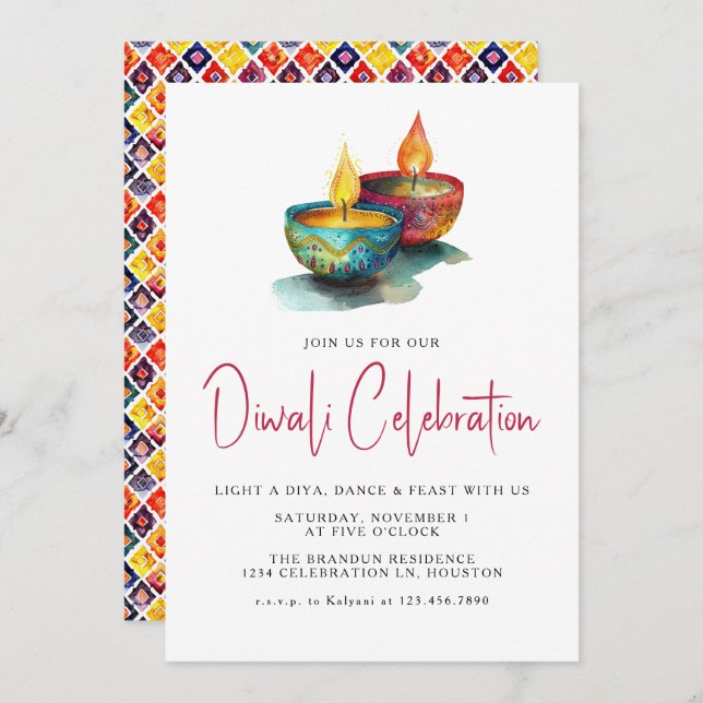 Modern Watercolor Diya Diwali Festival  Invitation (Front/Back)