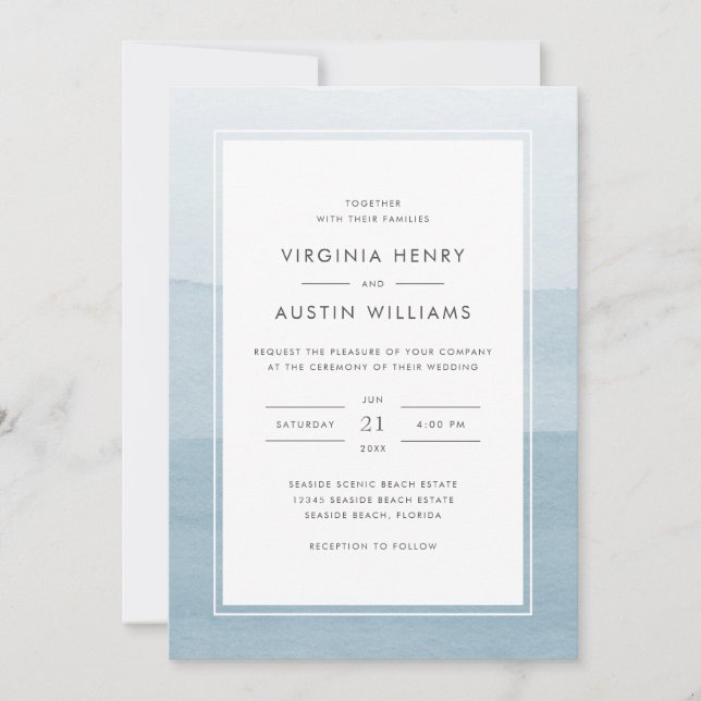 Modern Watercolor Dusty Blue Wedding Invitation (Front)