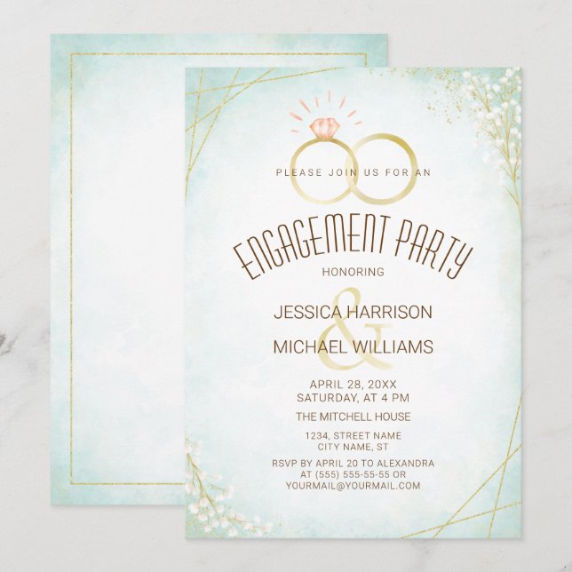 Modern Watercolor Engagement Rings Teal Geometric Invitation (Front/Back)