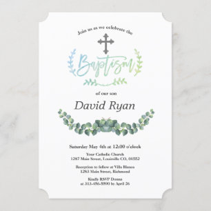 Modern Watercolor Eucalyptus Cross Baptism Invitation