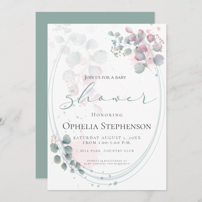 Modern Watercolor Eucalyptus Foliage  Baby Shower Invitation (Front/Back)