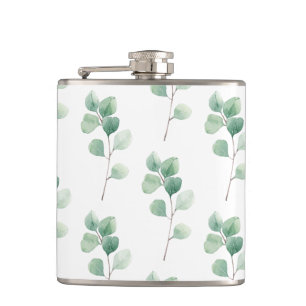 Modern Watercolor Eucalyptus Green Pattern Hip Flask
