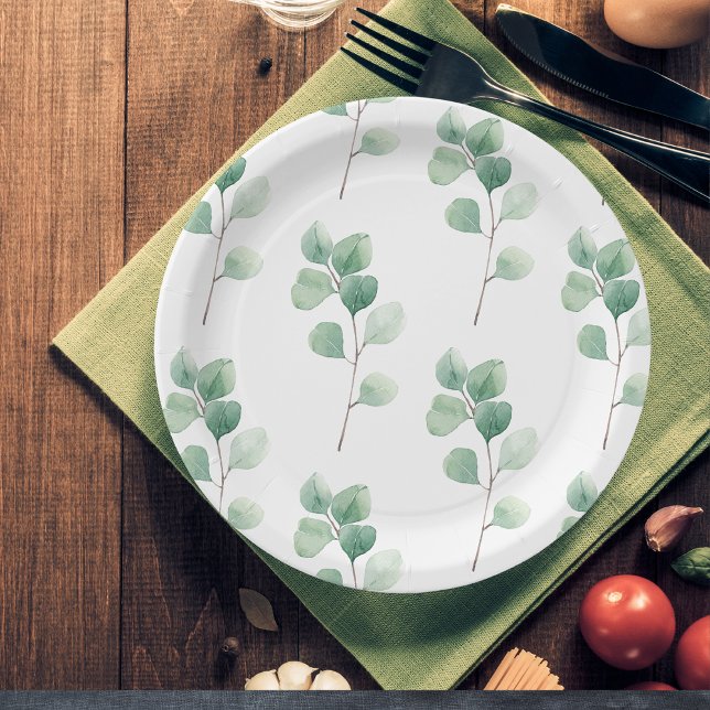 Modern Watercolor Eucalyptus Green Pattern  Paper Plate (Creator Uploaded)