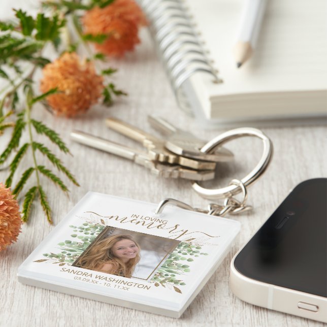 Modern Watercolor Eucalyptus Leaf | Photo Memorial Key Ring (Front Right)