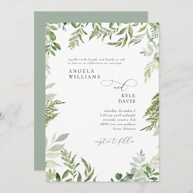 Modern Watercolor Eucalyptus Sage Wedding  Invitat Invitation (Front/Back)