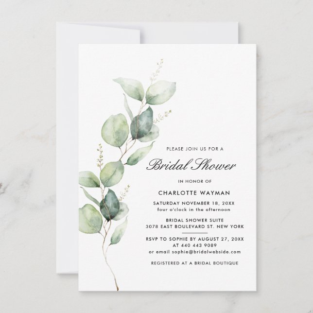 Modern Watercolor Eucalyptus Script Bridal Shower Invitation (Front)