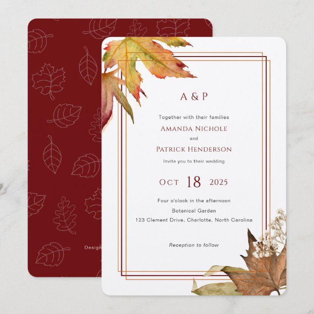 Modern watercolor Fall Leaves, Garden wedding Invitation (Front/Back)