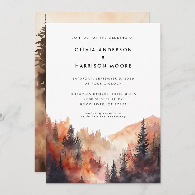 Modern Watercolor Fall Outdoor Mountain Wedding  Invitation (Front/Back)
