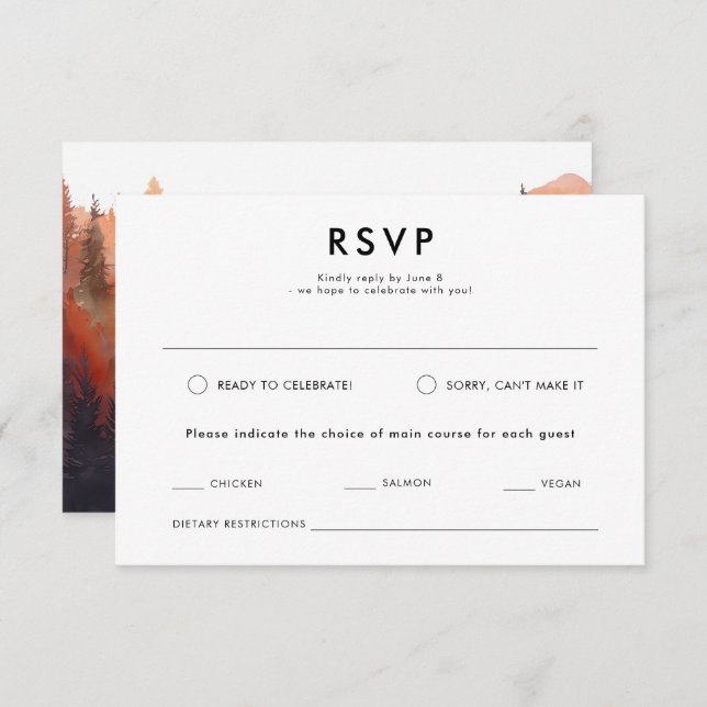 Modern Watercolor Fall Outdoor Mountain Wedding  RSVP Card (Front/Back)