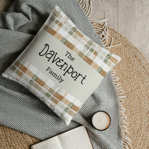 Modern Watercolor Fall Plaid Family Name Cushion