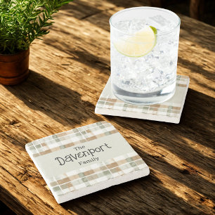 Modern Watercolor Fall Plaid Family Name Stone Coaster