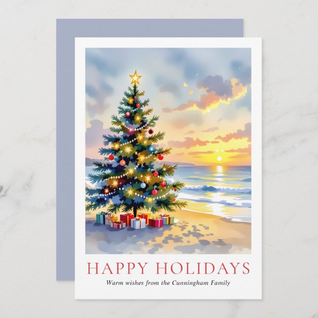 Modern Watercolor Festive Beach Coastal Christmas Holiday Card (Front/Back)