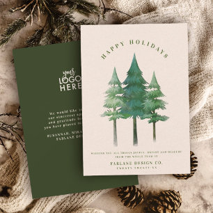 Modern Watercolor Festive Pine Tree Business Logo Holiday Card