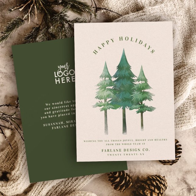 Modern Watercolor Festive Pine Tree Business Logo Holiday Card (Creator Uploaded)